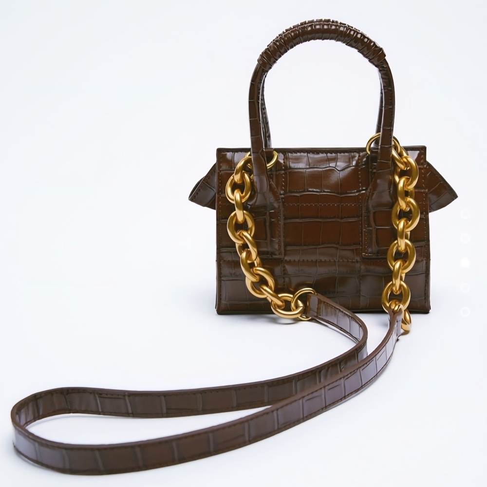 Zara Brown Croc-Embossed Mini Bag with Gold Chain